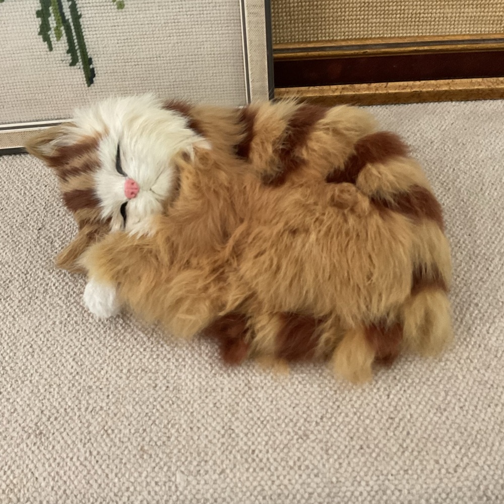 Vintage 1970s Ginger and Brown Tabby Cat Figurine Real Fur Realistic Sleeping